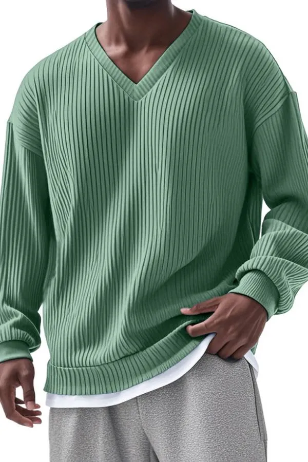 Men's Everyday Loose V-neck Vertical Long-sleeved T-shirt