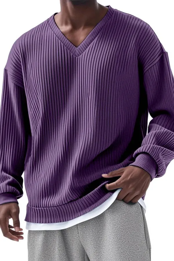 Men's Everyday Loose V-neck Vertical Long-sleeved T-shirt