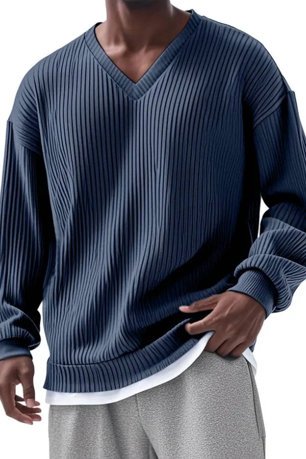 Men's Everyday Loose V-neck Vertical Long-sleeved T-shirt