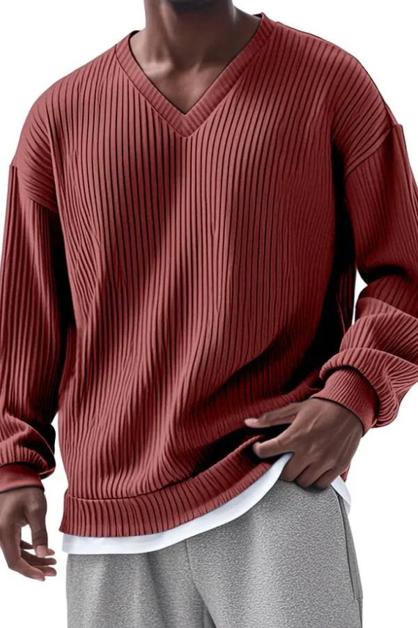 Men's Everyday Loose V-neck Vertical Long-sleeved T-shirt