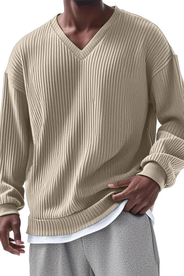 Men's Everyday Loose V-neck Vertical Long-sleeved T-shirt